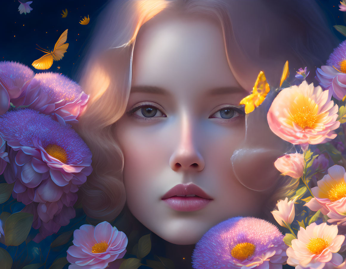 Ethereal portrait of a woman with flowers and butterflies.