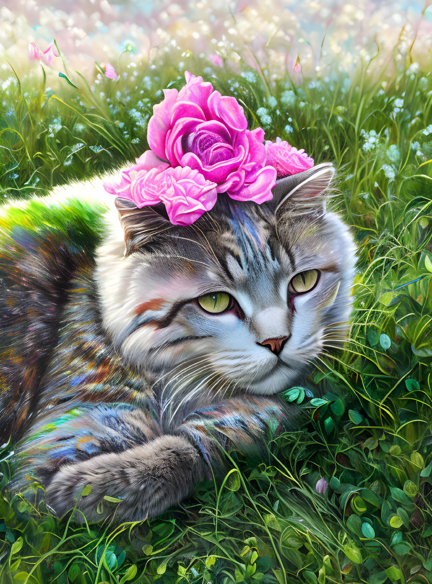 Digital Artwork: Cat with Rose Blossoms in Lush Meadow