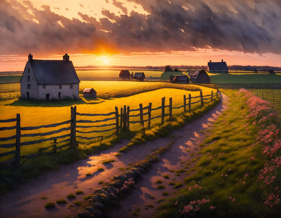 Rural sunset landscape with path to white house, fields, fences, golden light