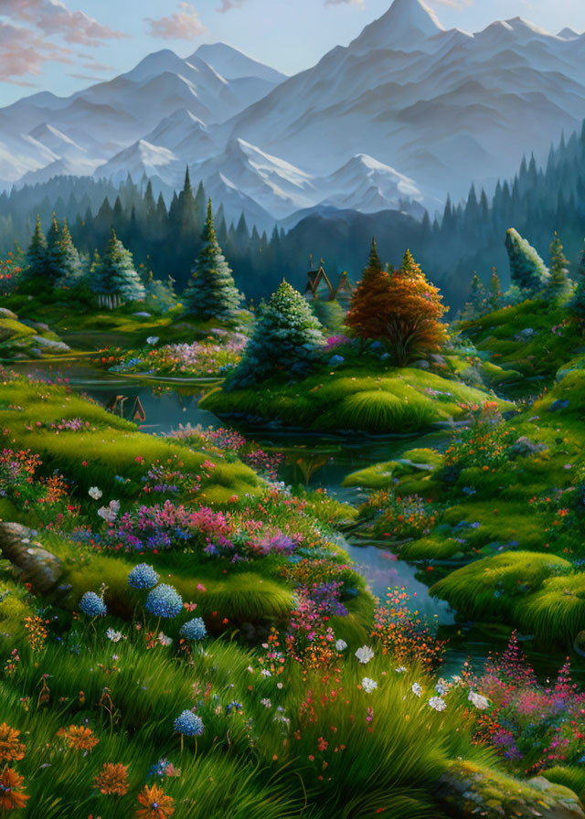 Tranquil river, lush greenery, flowers, pine trees, snow-capped mountains