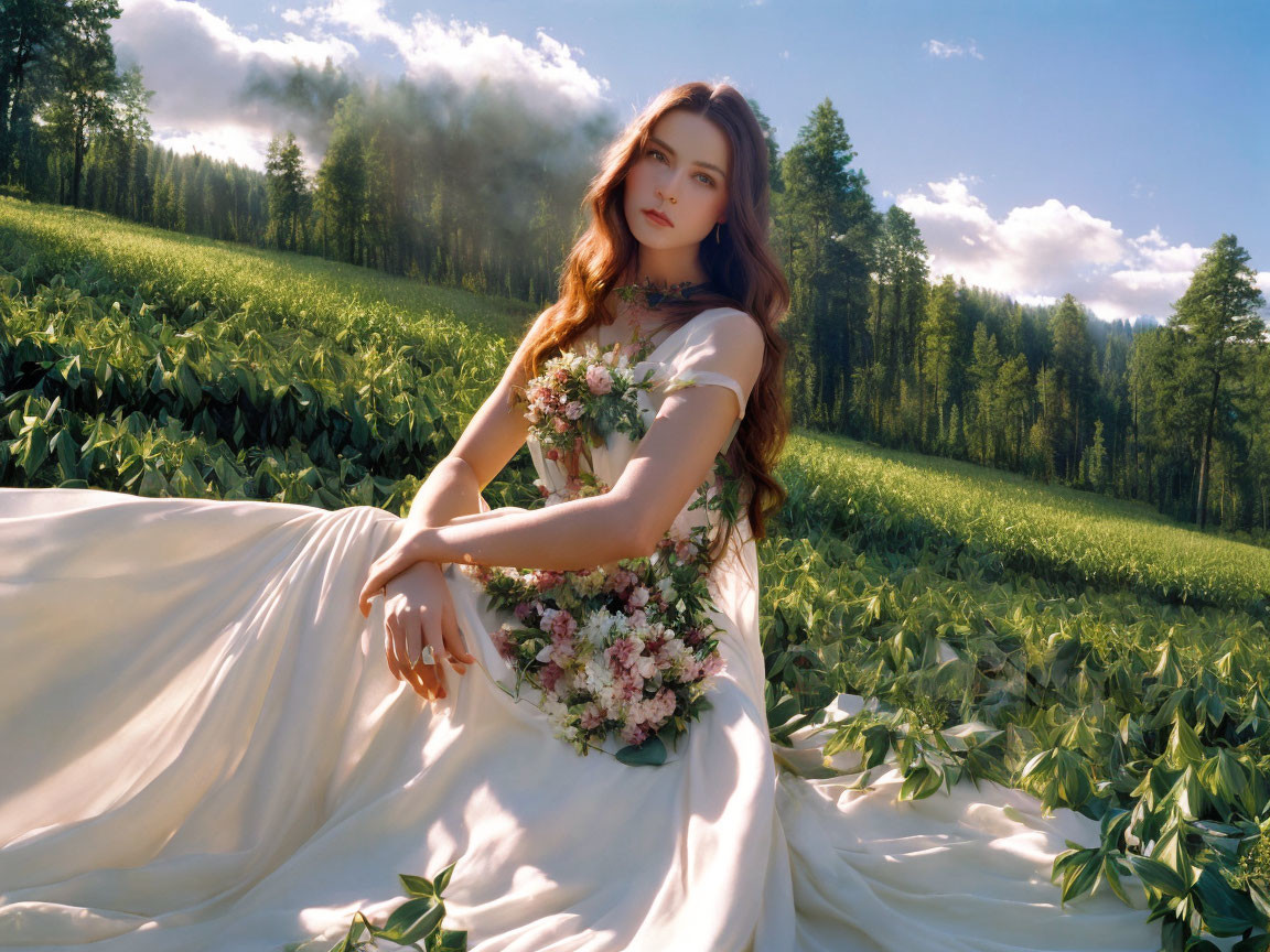 Woman in white dress surrounded by flowers in a field with trees and misty horizon