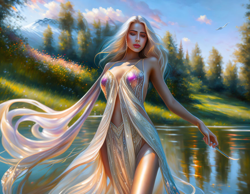 Fantasy digital artwork: Blonde-haired female figure by sunlit river