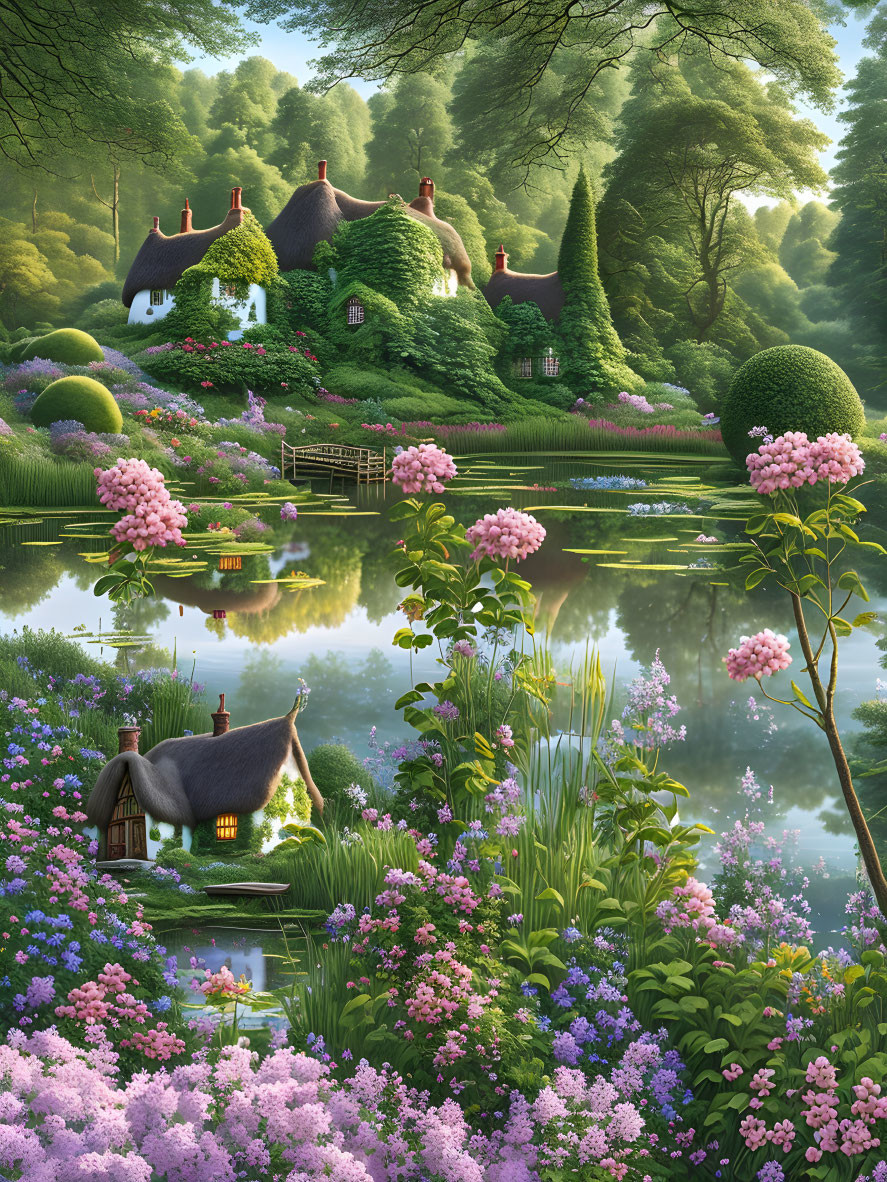 Tranquil fairy-tale landscape with thatched-roof cottages, gardens, flowers, and