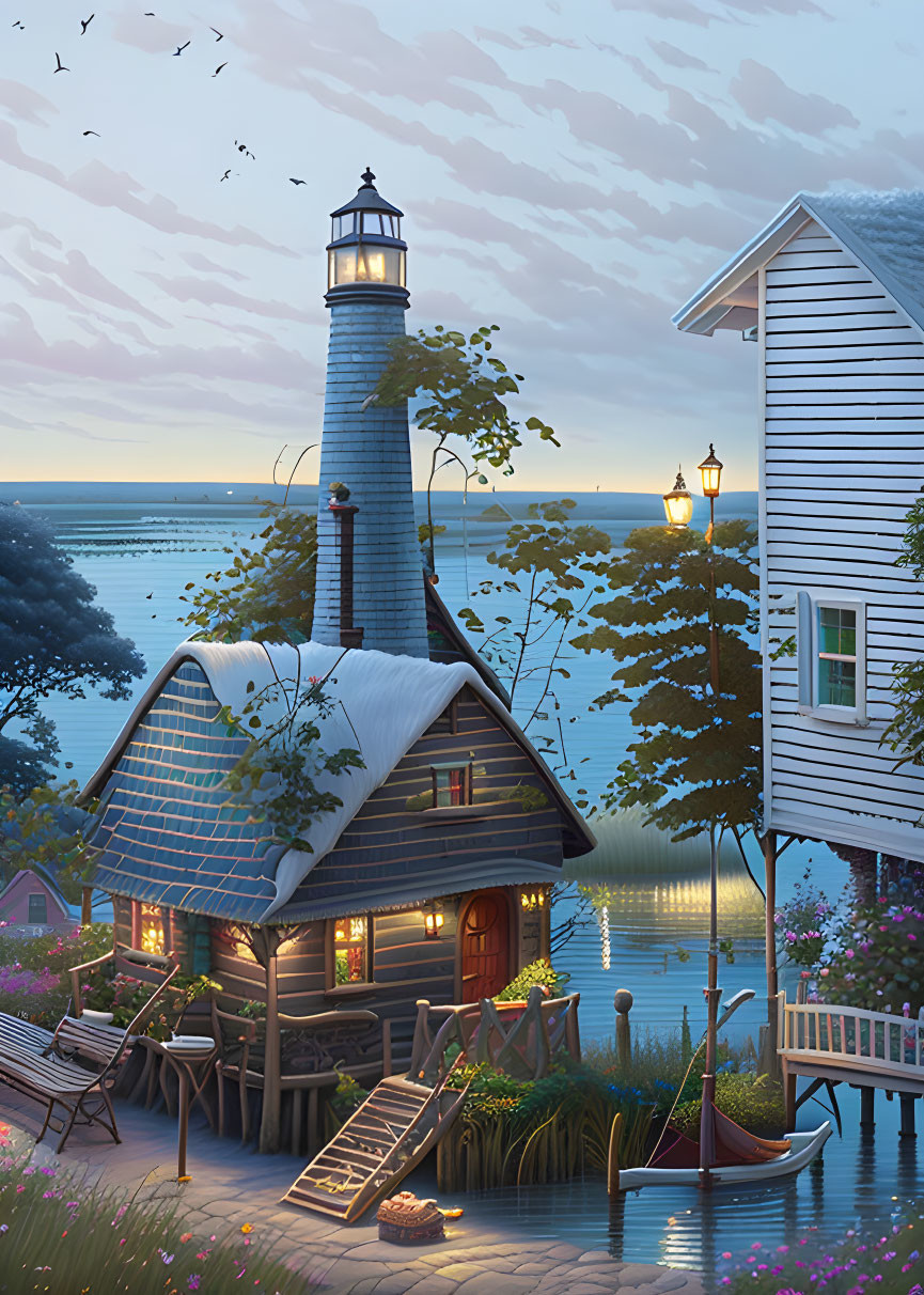 Tranquil waterfront dusk scene with lighthouse, house, boat, and birds