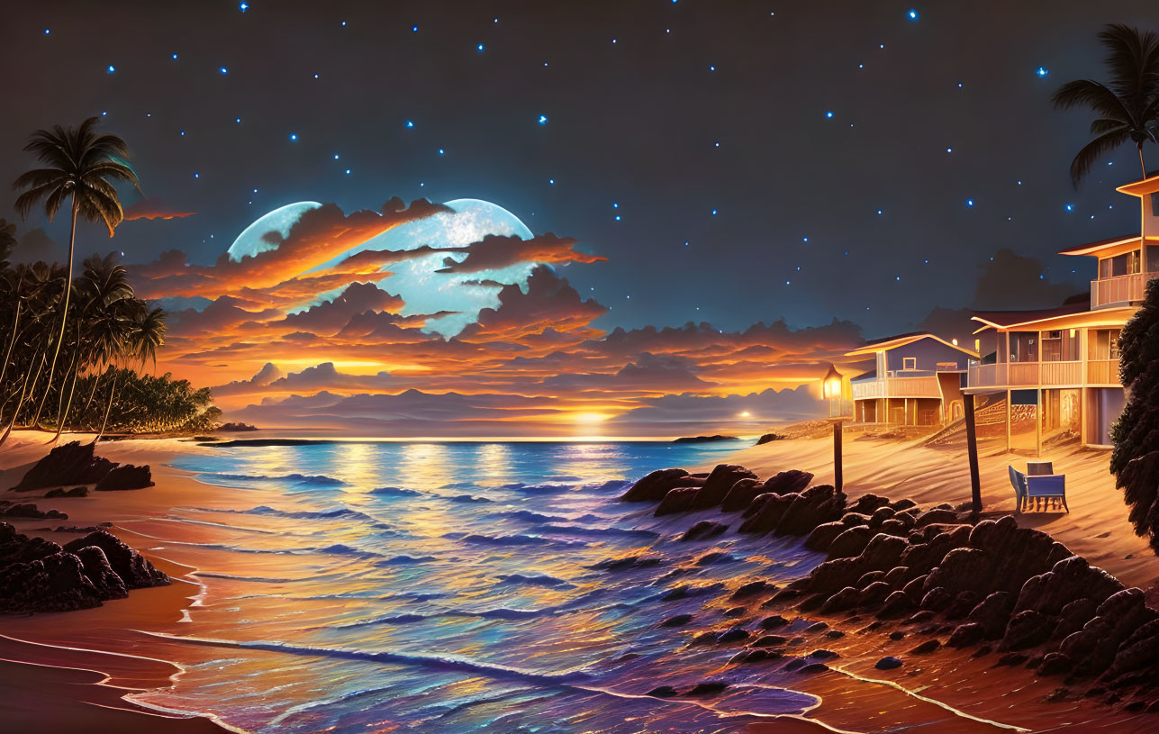 Tranquil Night Beach Scene with Moonrise, Stars, Palm Trees, and Oceanfront Houses