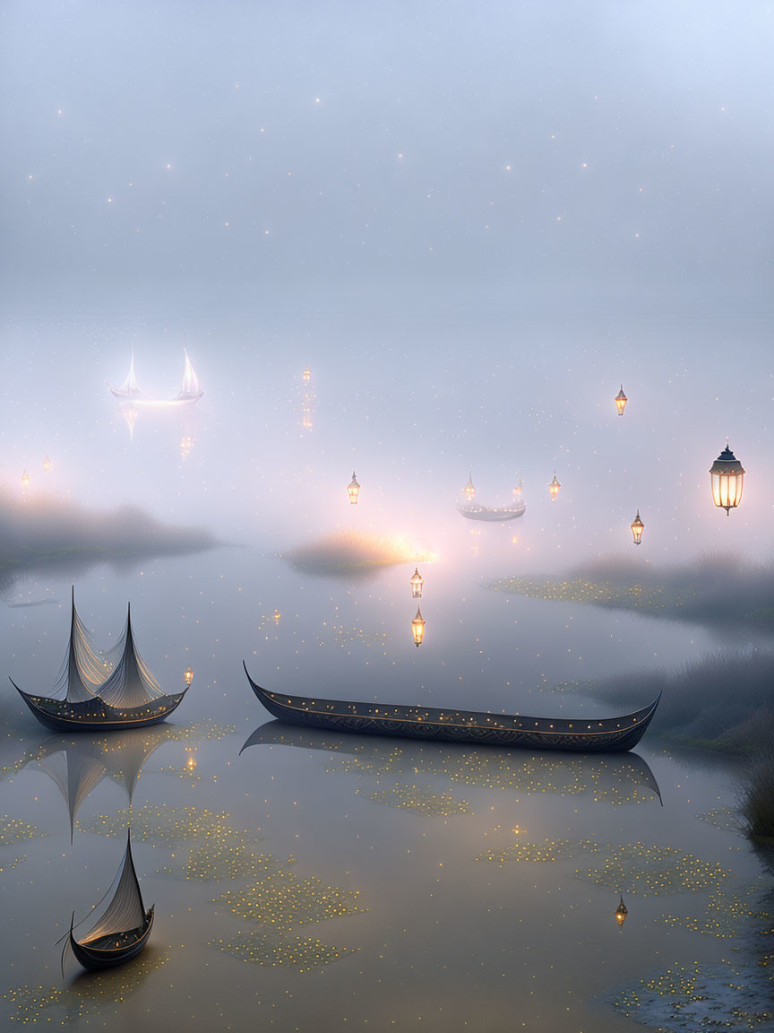 Misty surreal landscape with glowing lanterns, ethereal lights, and fantasy boats