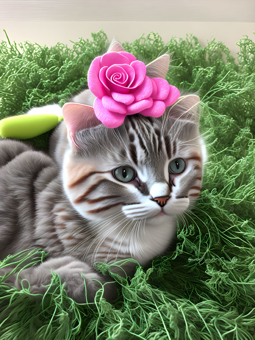 Adorable grey tabby cat with green eyes in yarn with pink rose