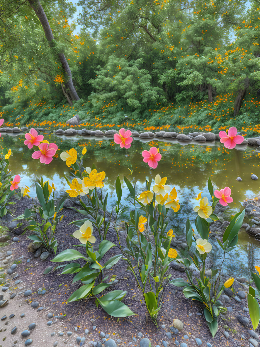 Tranquil pond with lush greenery and colorful flowers