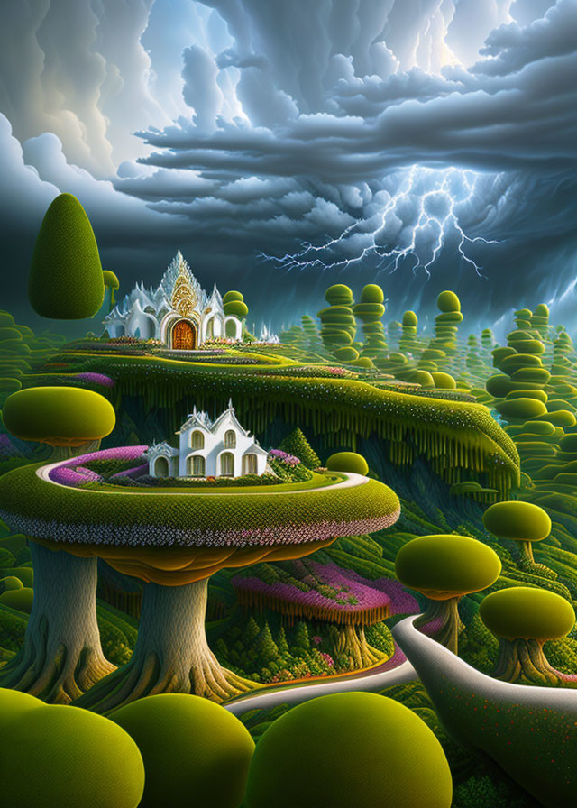 Surreal landscape with towering mushroom-like structures and palaces under stormy sky