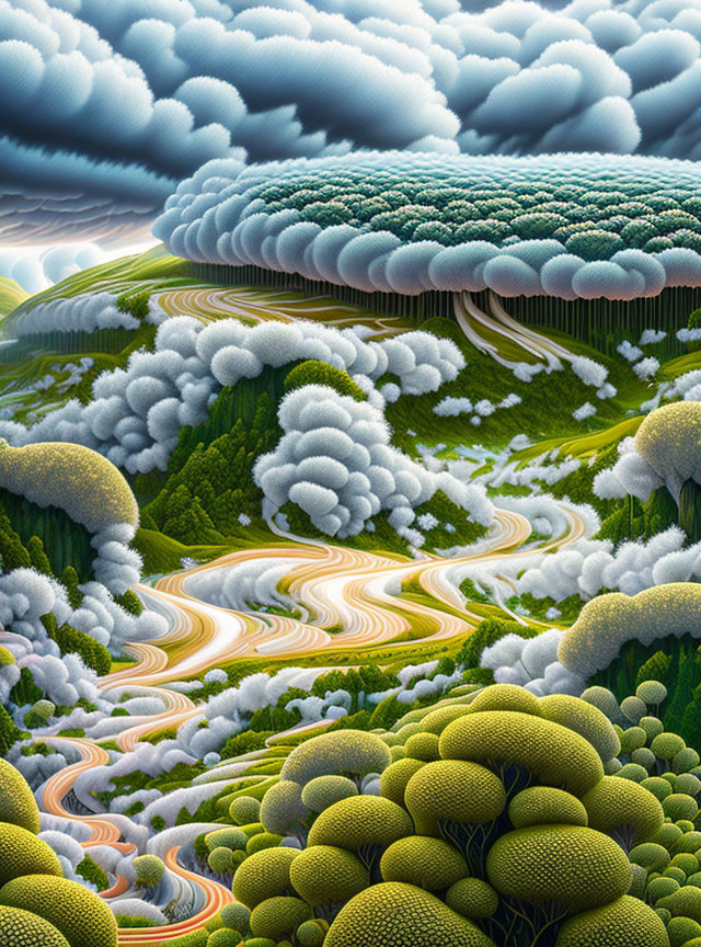 Surreal landscape with winding roads and green hills