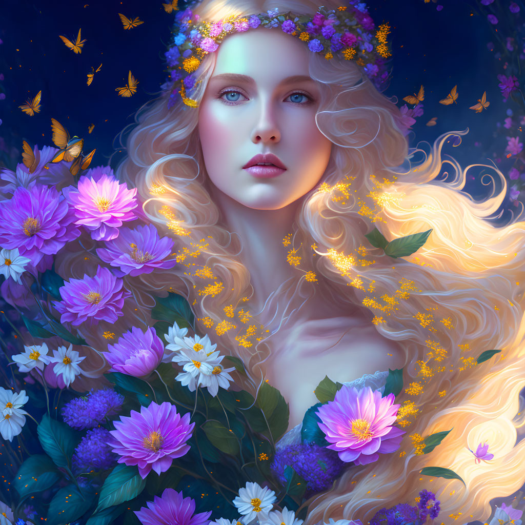 Woman with Golden Hair Surrounded by Flowers and Butterflies