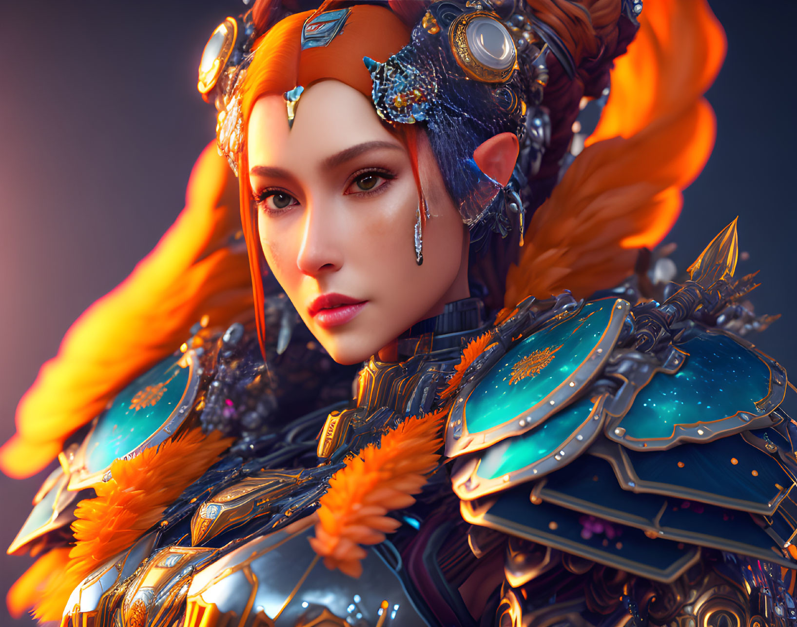 Digital artwork: Woman with fiery orange hair in futuristic blue and orange armor