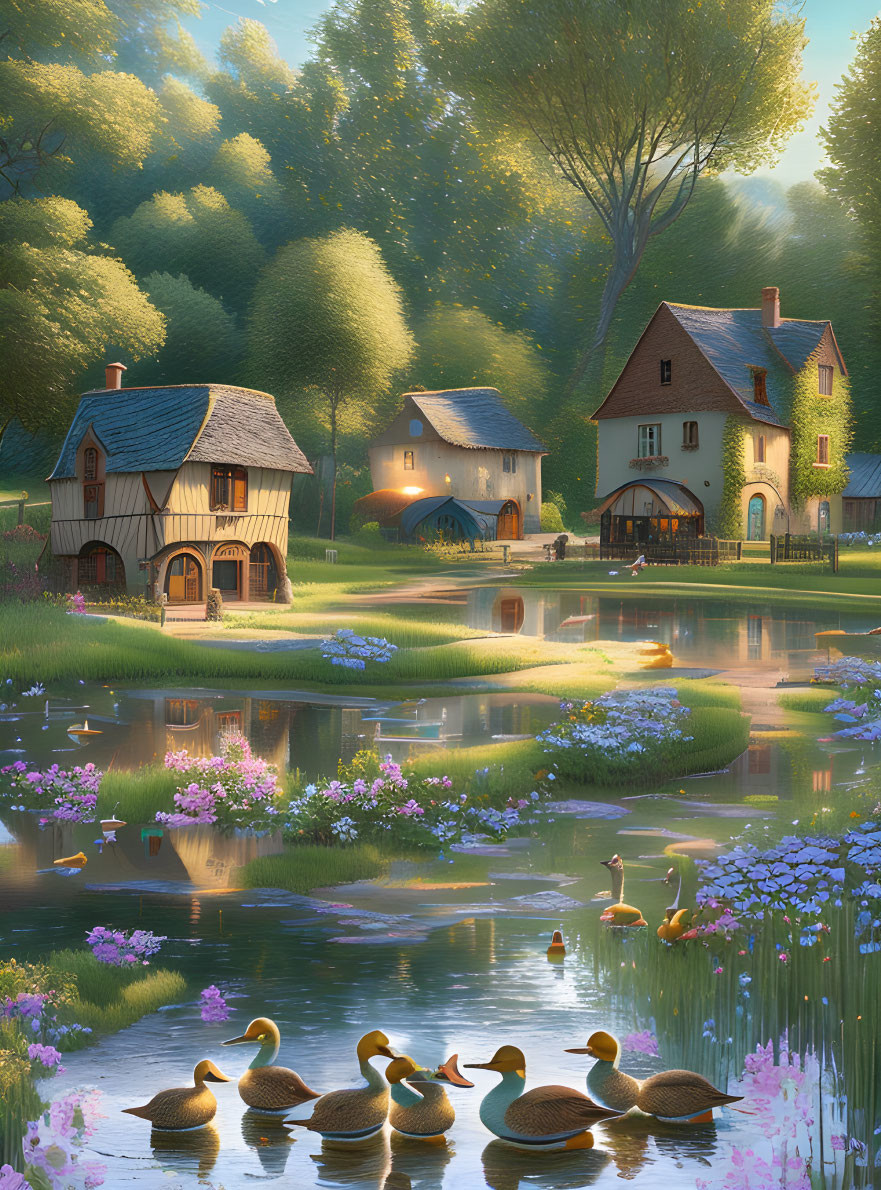 Tranquil countryside landscape with pond, ducks, and quaint houses