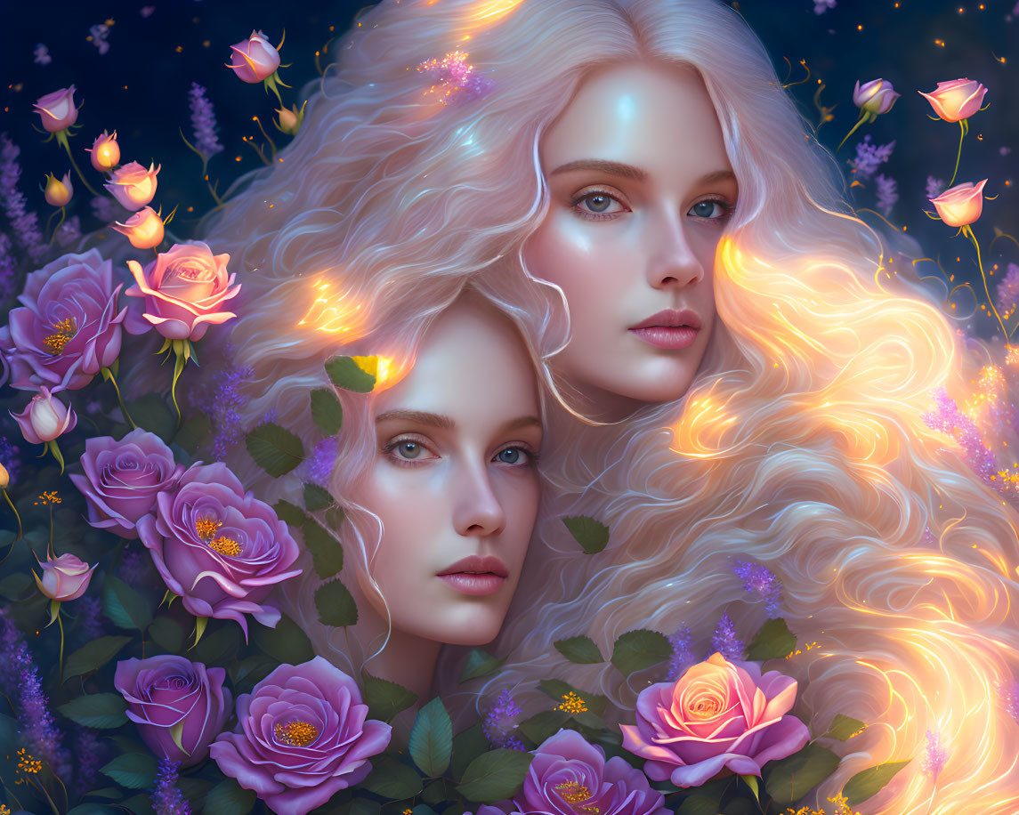 Ethereal women with blonde hair in rose and lavender night scene