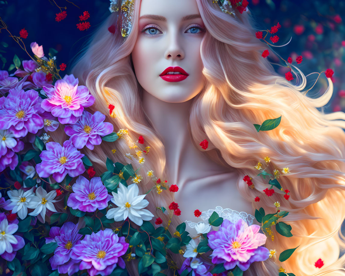 Blonde woman with red lipstick in fantasy floral setting