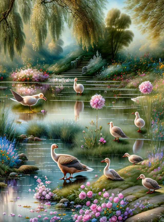 Tranquil Pond Scene with Ducks and Lush Landscape