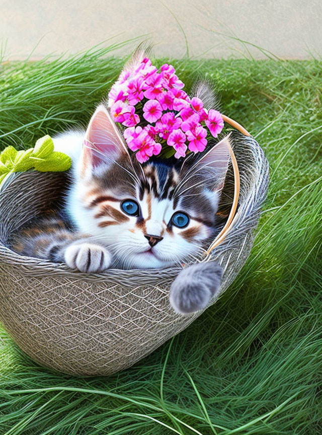 Blue-eyed kitten in striped fur with pink flower crown in woven basket on grassy backdrop