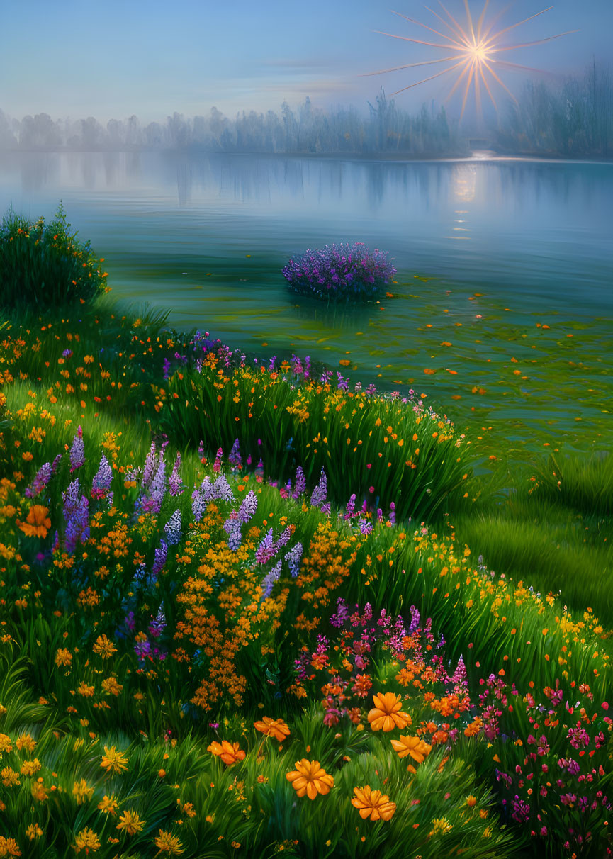 Tranquil landscape with wildflowers, river, misty trees, and rising sun