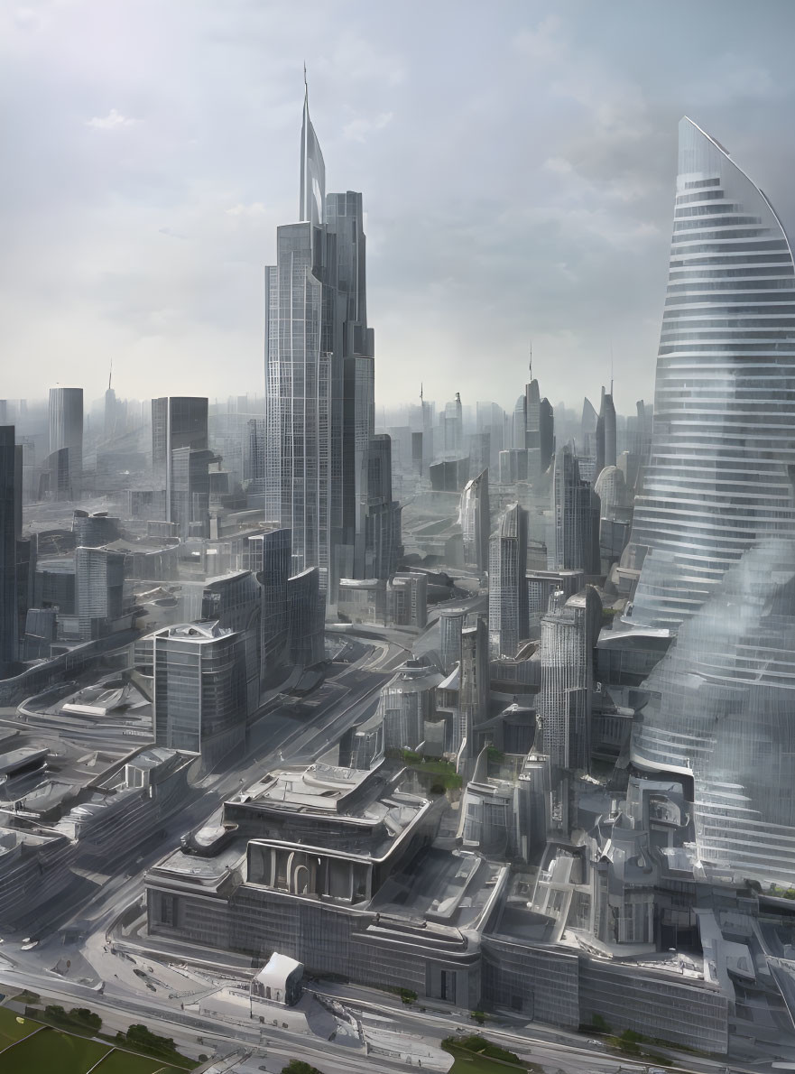 Futuristic cityscape with towering skyscrapers and complex roadways