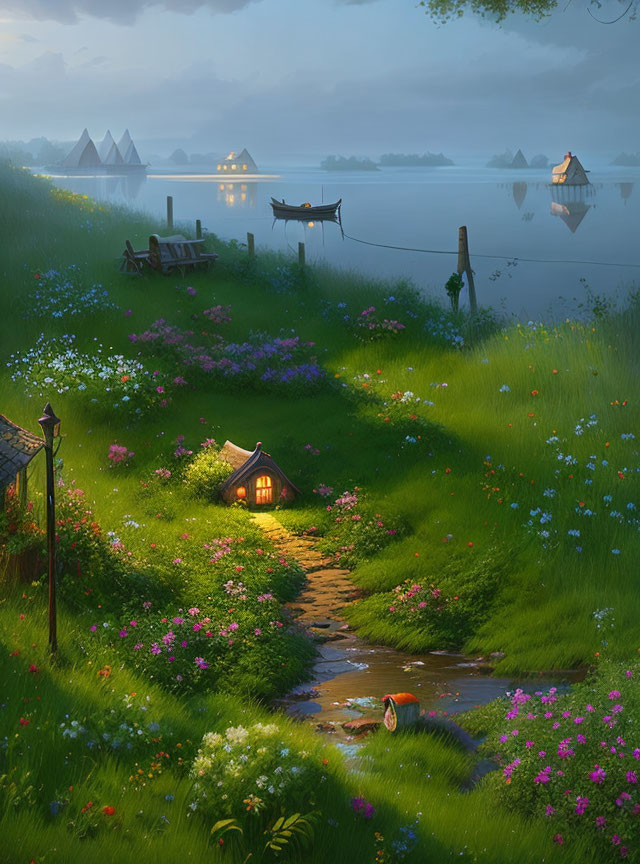 Tranquil twilight scene with cozy cottage by stream and calm lake