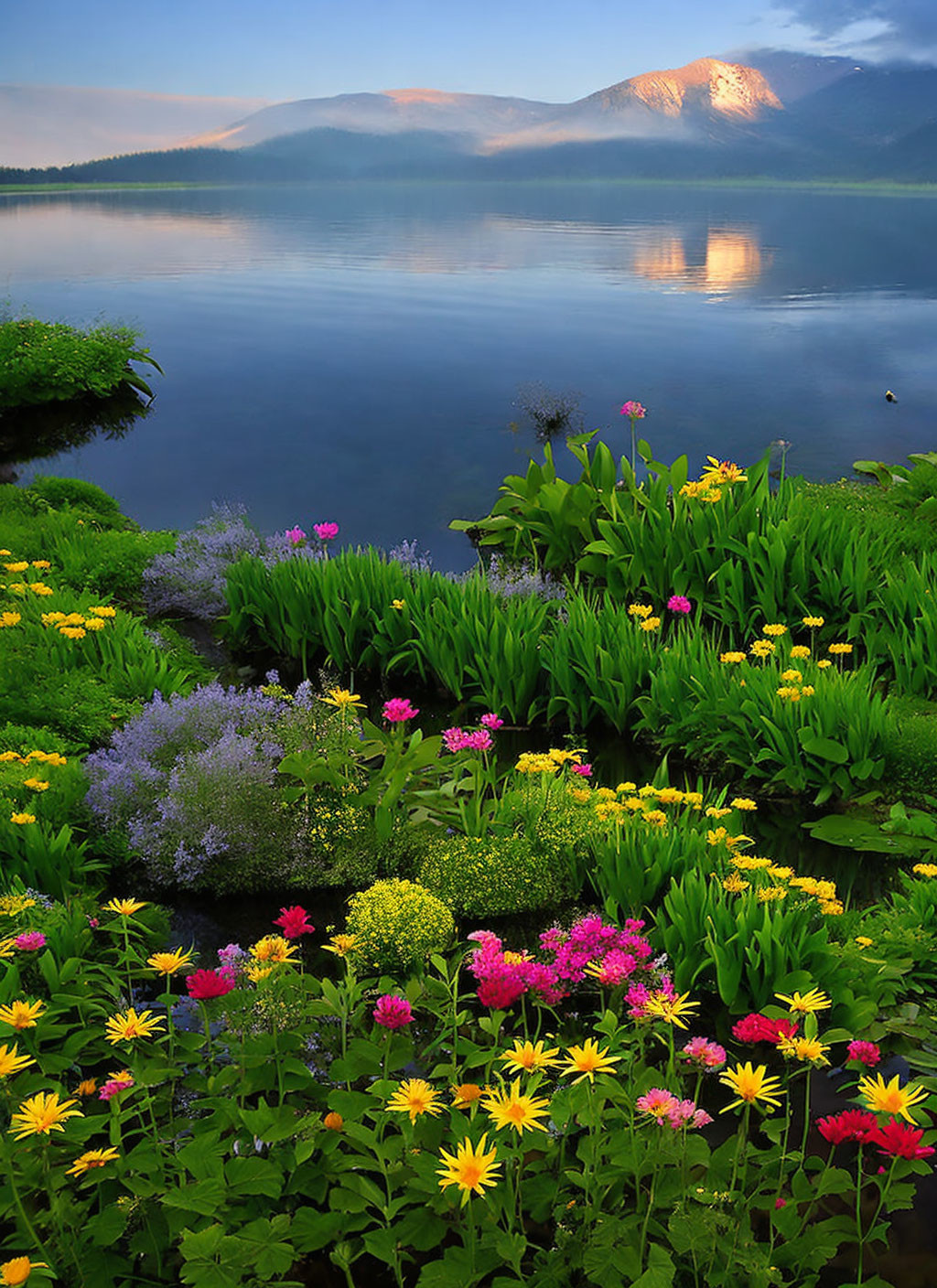 Serene lake with wildflowers, misty mountains at sunrise