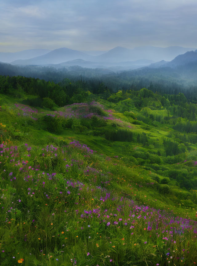 Scenic hillside with wildflowers and misty mountains view