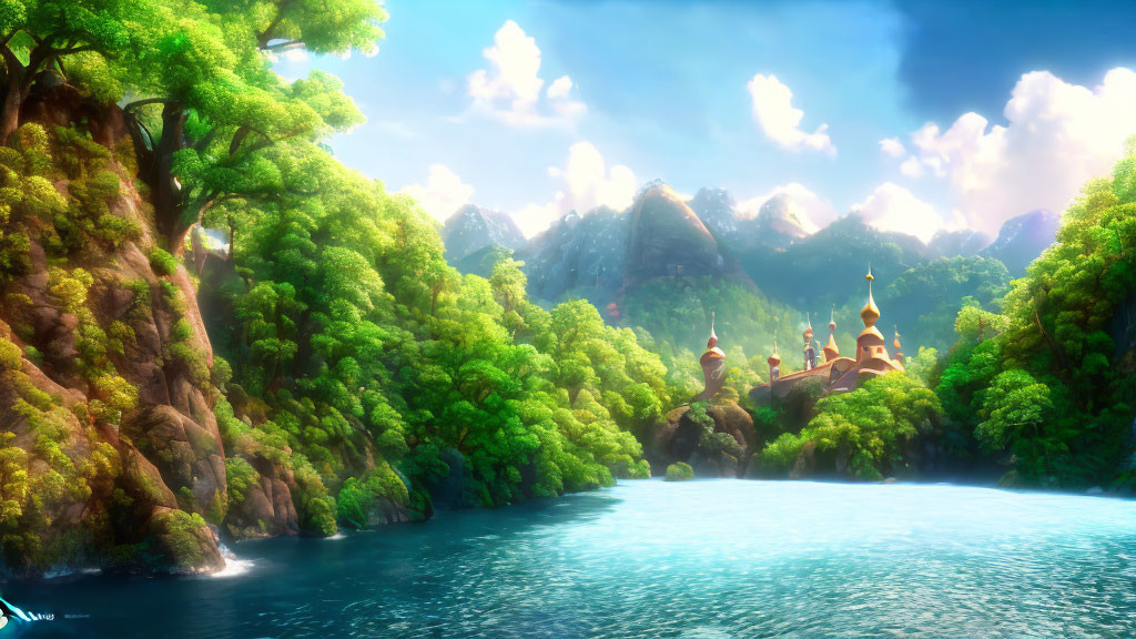 Idyllic animated landscape with lush greenery, mountains, lake, whimsical buildings