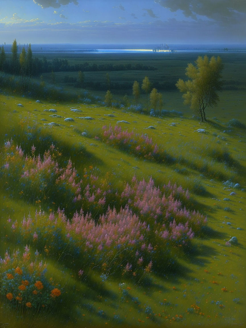 Twilight landscape with meadows, flowers, trees, and calm lake