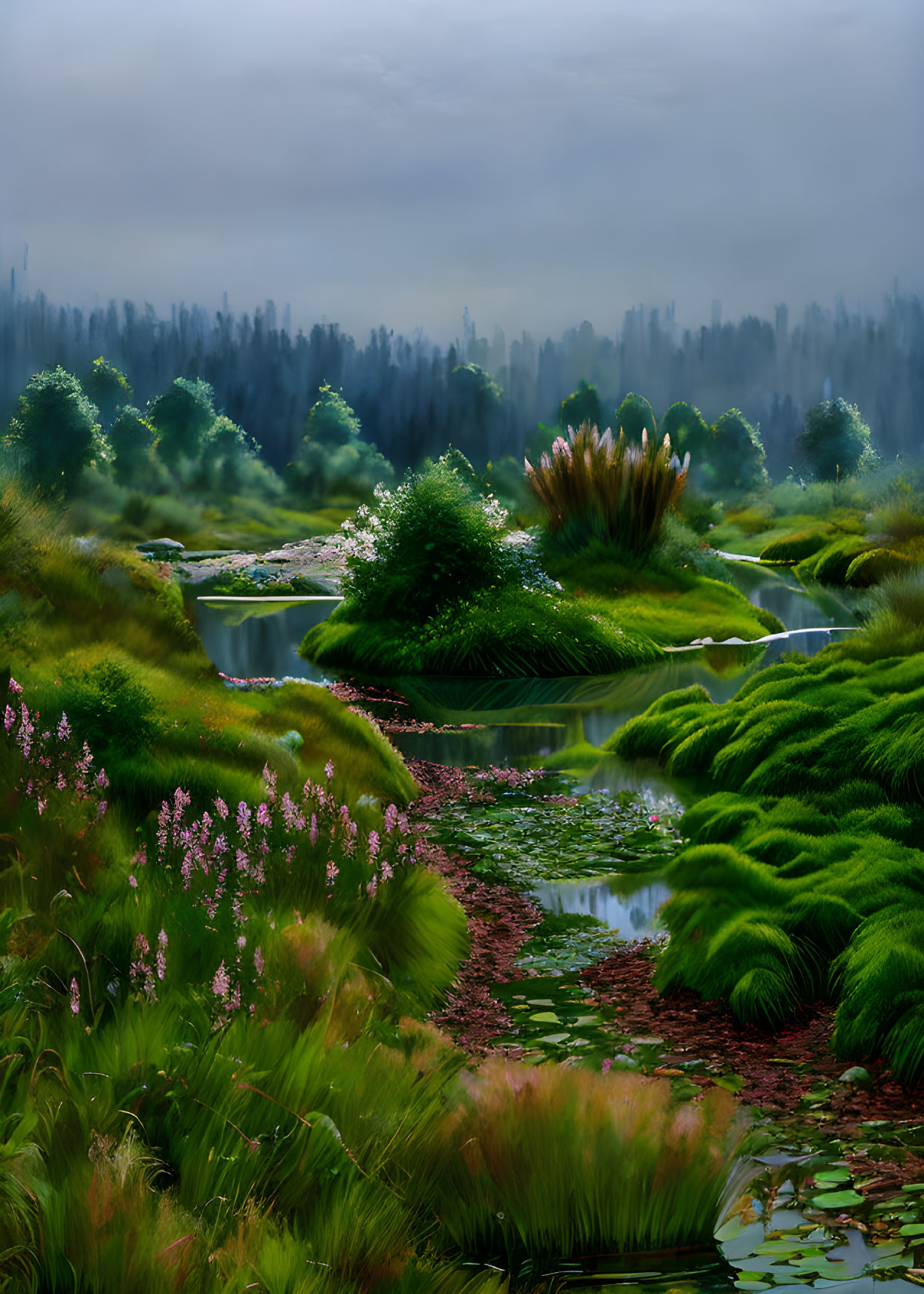 Tranquil water stream in lush green landscape with blooming pink flowers