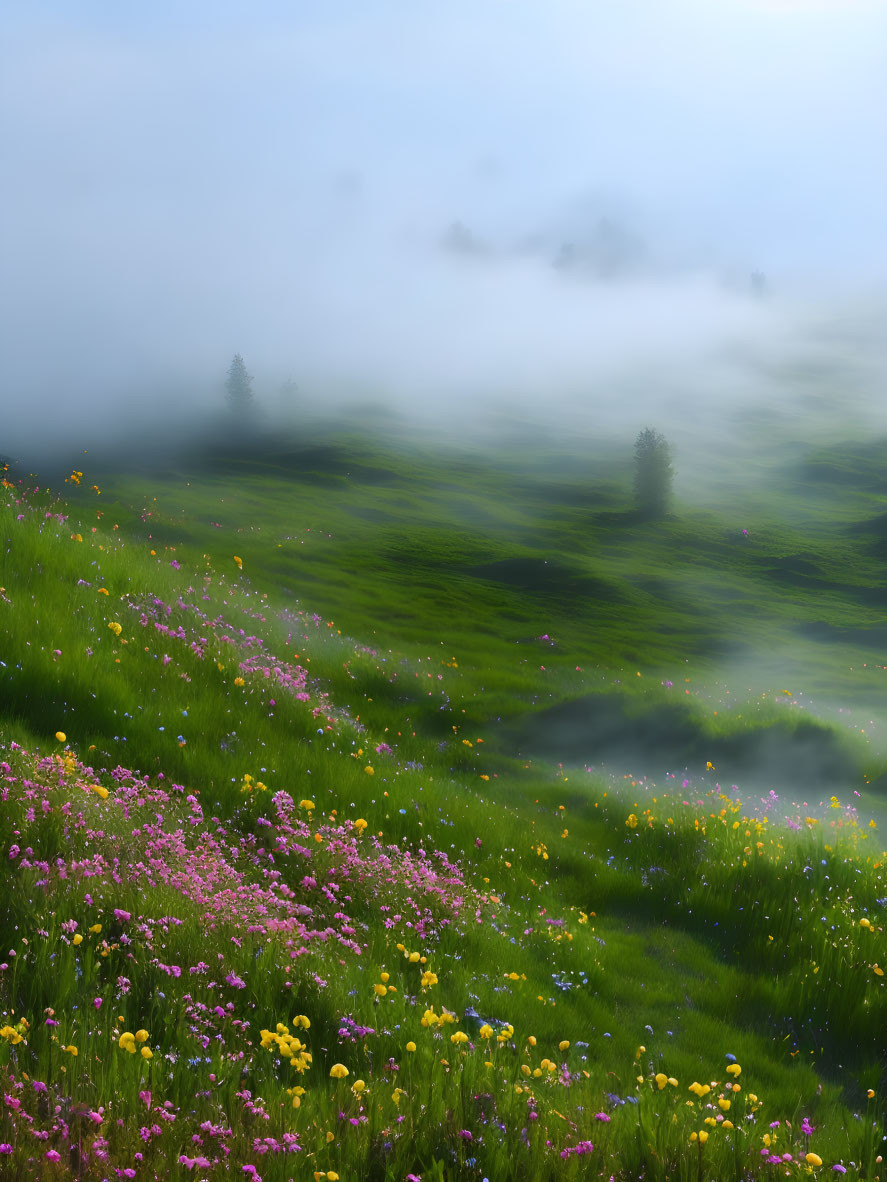 Tranquil landscape: green hills, wildflowers, misty fog, clear sky