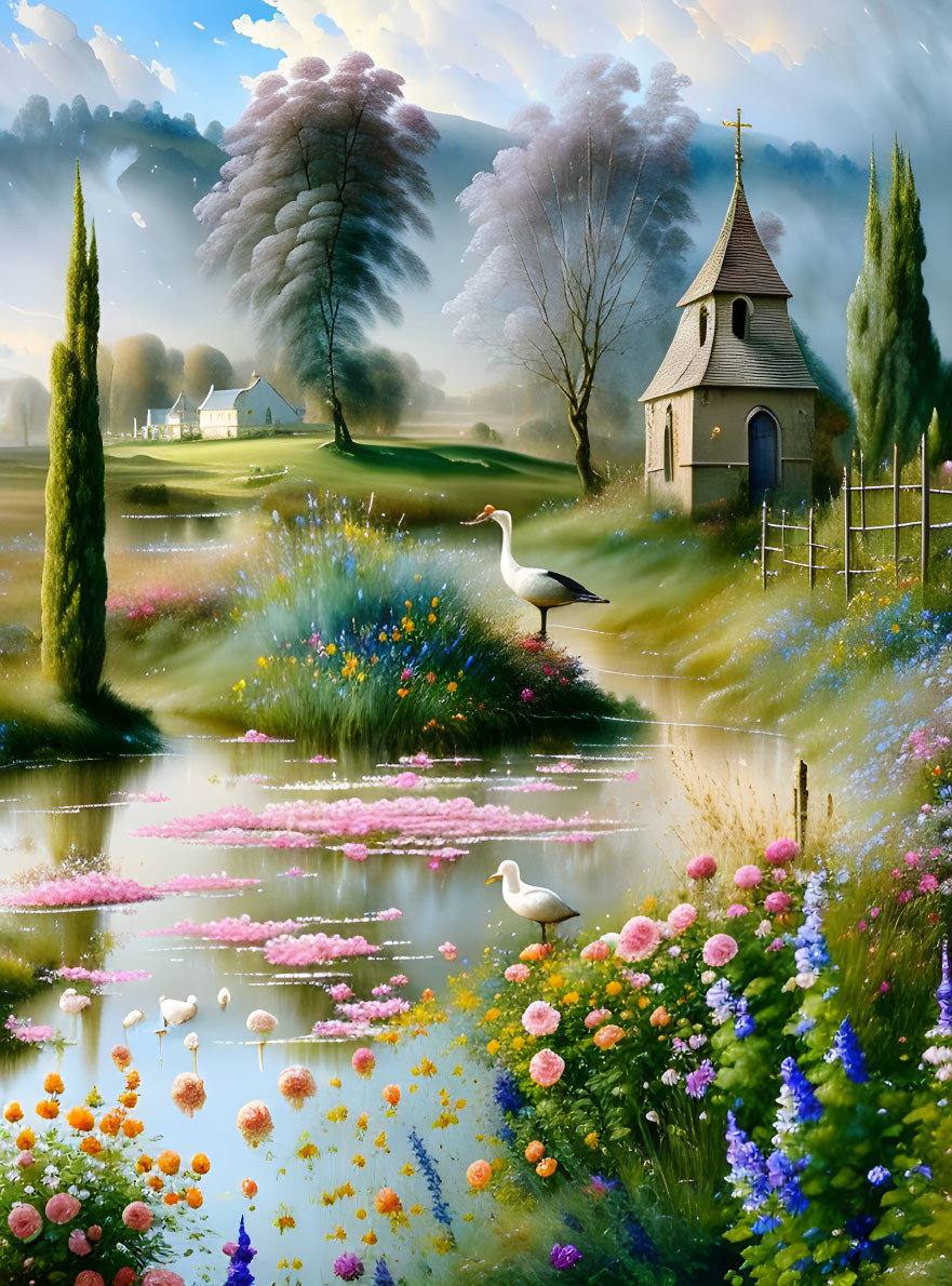 Tranquil countryside landscape with church, meadows, pond, swans, and farmhouse in mist