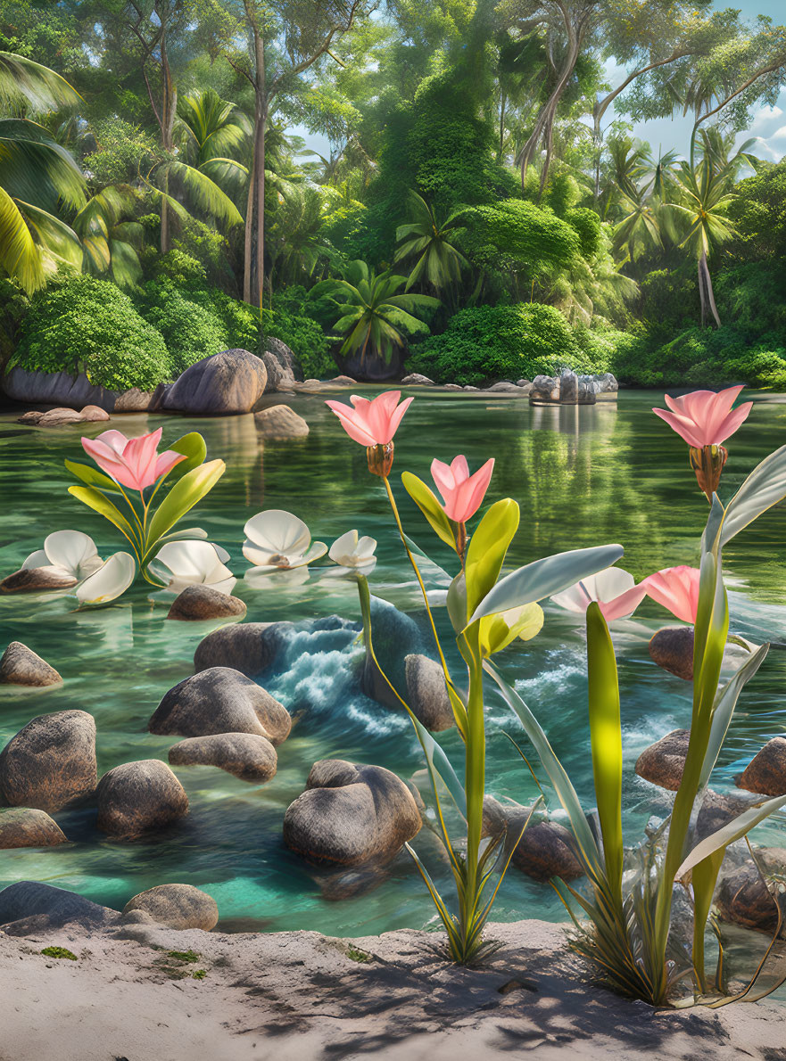 Tranquil Tropical Landscape with Forest Stream and Blooming Lilies