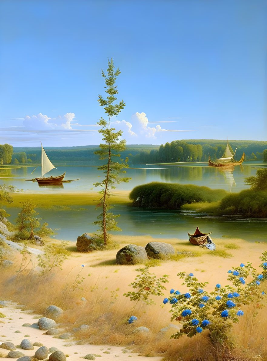 Tranquil lake scene with sailboats, lone tree, rocks, blue flowers