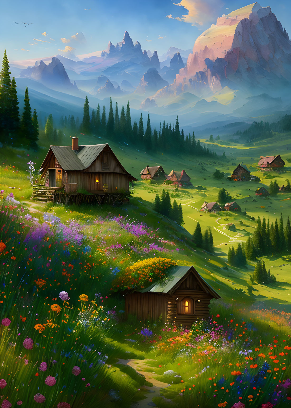 Colorful wildflowers, wooden cottages, and mountain peaks in a picturesque valley