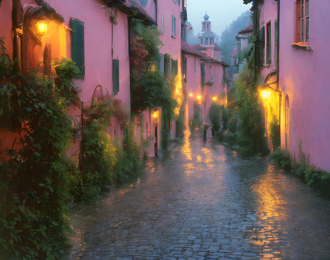 Pink Walls and Lanterns on Cobblestone Street at Dusk