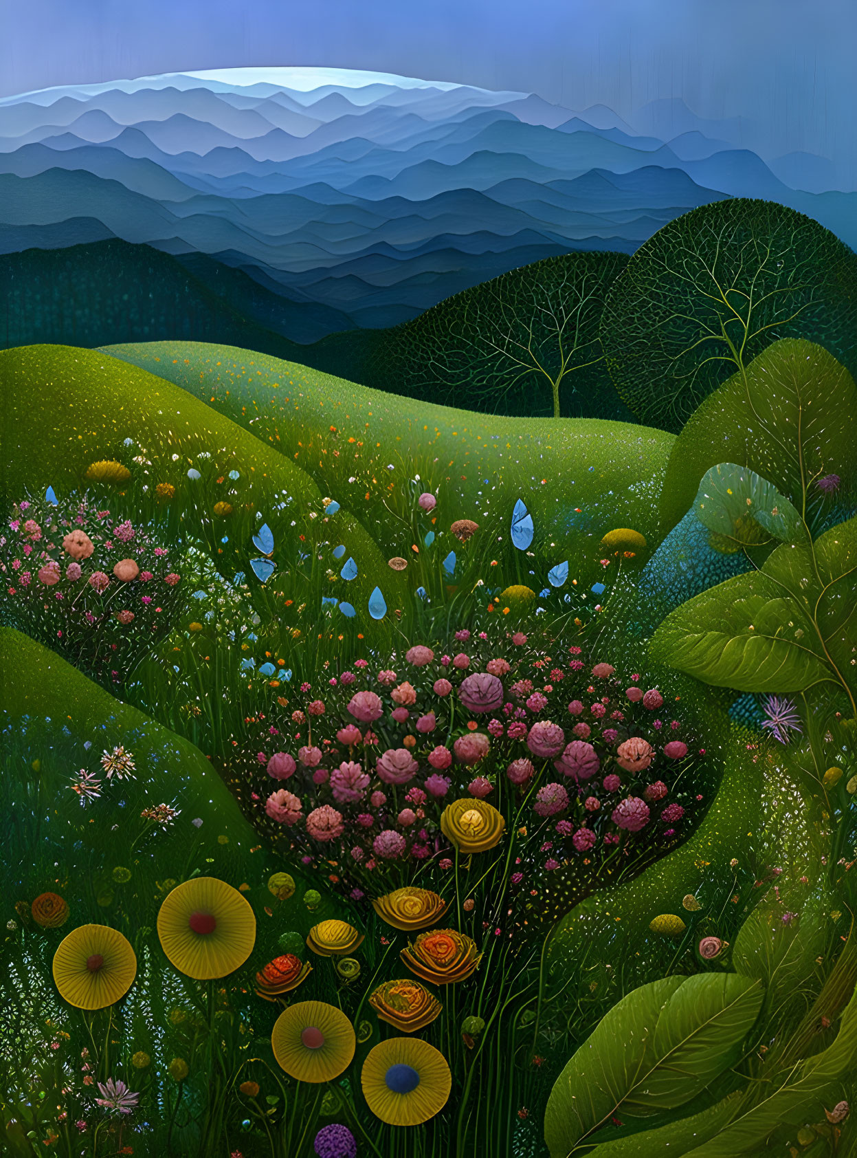 Colorful meadow painting with flowers and blue mountains under twilight sky