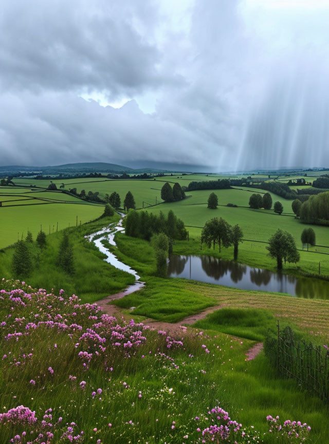 Tranquil landscape with meandering river and blooming flowers