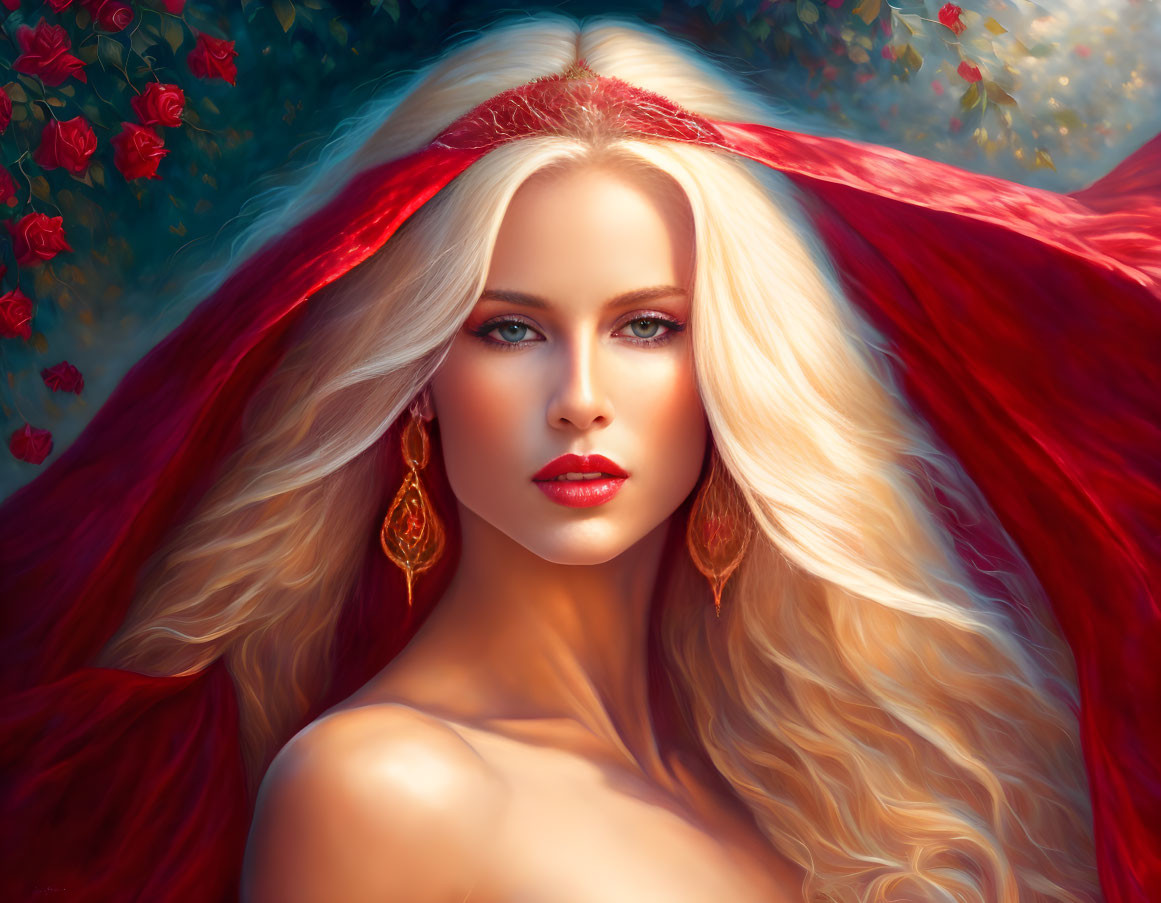 Blonde Woman Portrait with Red Headpiece and Roses