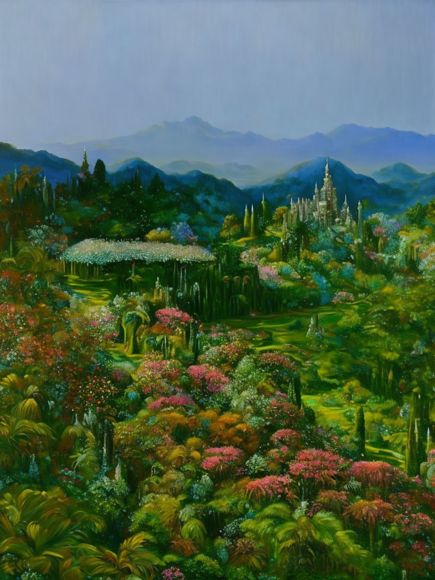 Colorful Garden Painting with Flowers, Trees, Mountains, and Castle