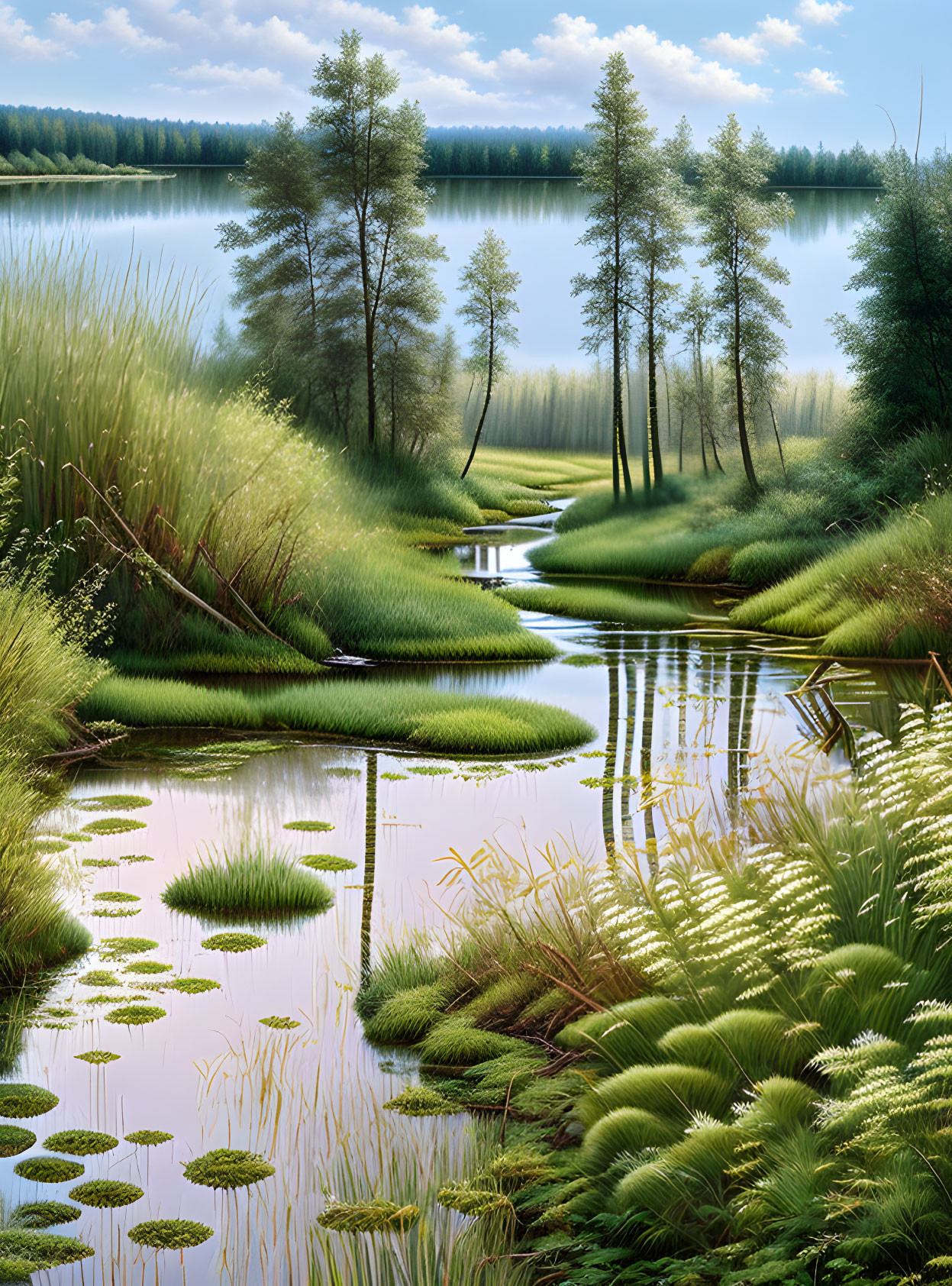 Tranquil forest scene with winding stream and lush greenery