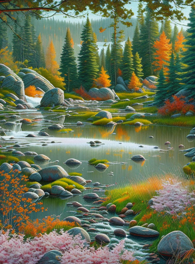 Tranquil forest river with autumn trees & rocks