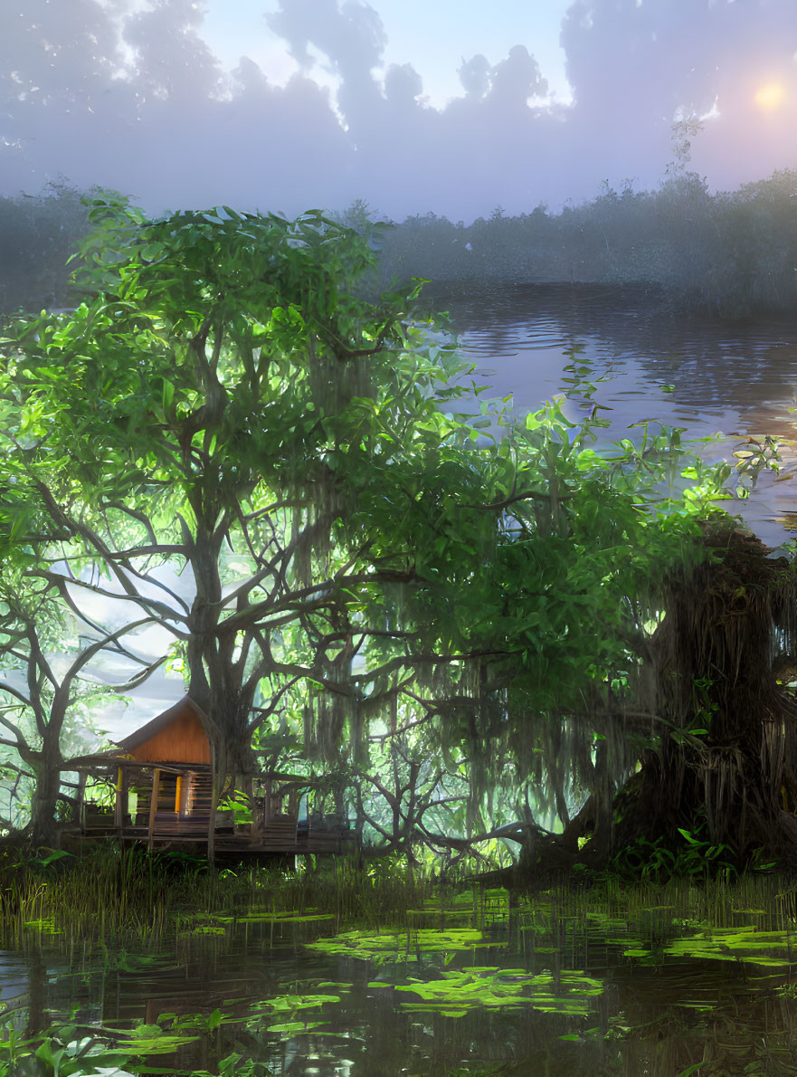 Tranquil swamp scene with wooden cabin, lush greenery, and misty sunlight.