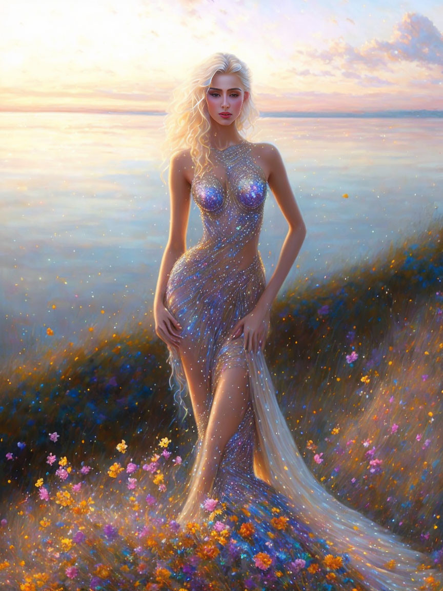 Ethereal woman in translucent gown among wildflowers at sunset