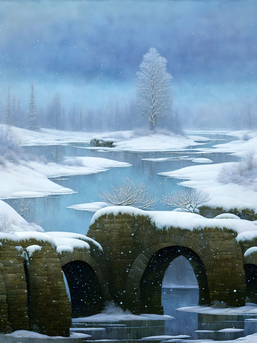 Snowy Winter Landscape: Old Stone Bridge over Frozen River