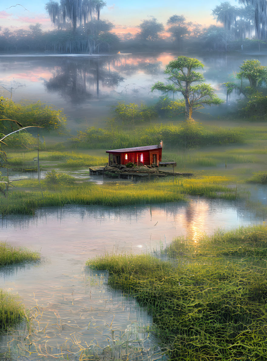 Tranquil waterscape at sunrise with red-roofed shack on stilts surrounded by lush green