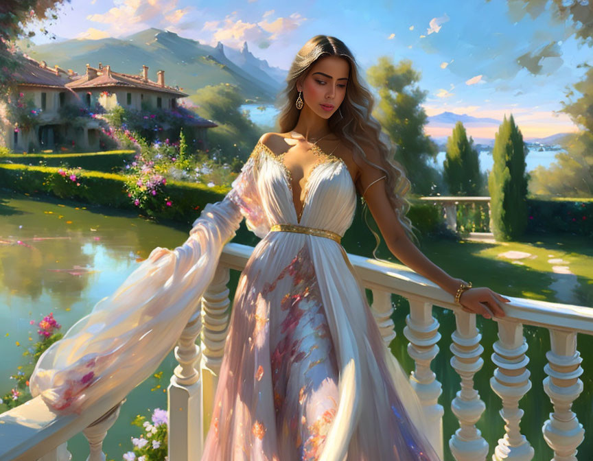 Woman in flowing dress on balcony with garden view & mountains.