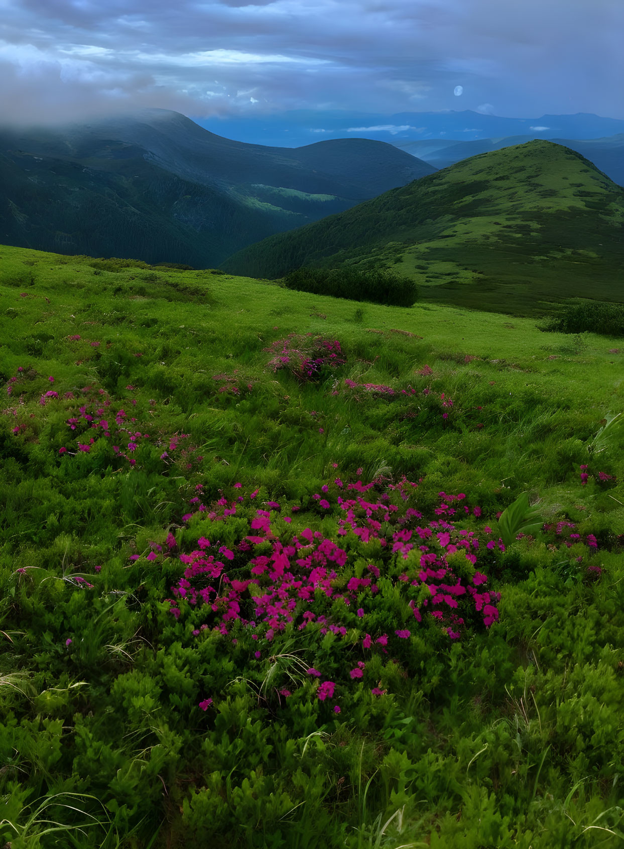 Twilight mountain landscape with pink wildflowers and misty valley