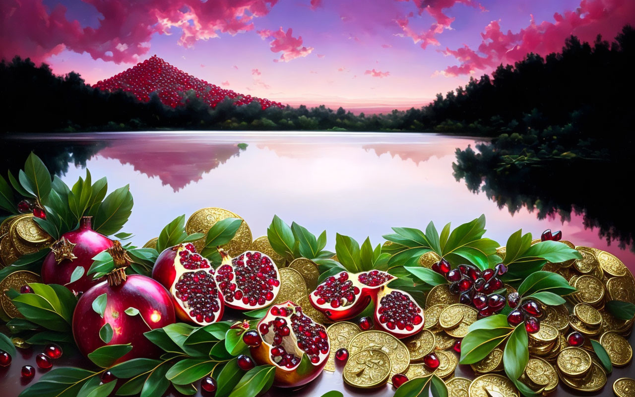 Tranquil lake with vibrant sunset, mountain, pomegranates, and gold coins