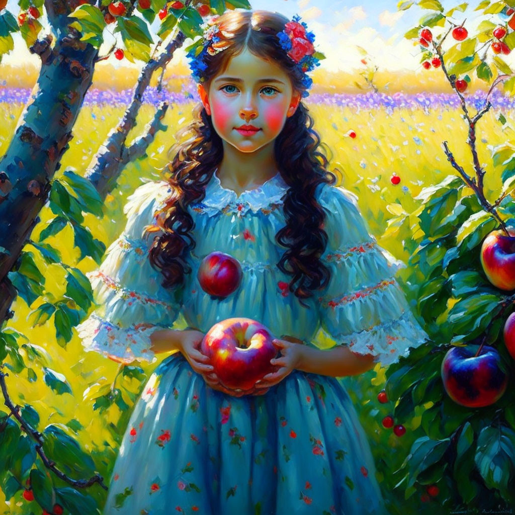 Young girl in blue floral dress holding ripe apple in sunny apple orchard