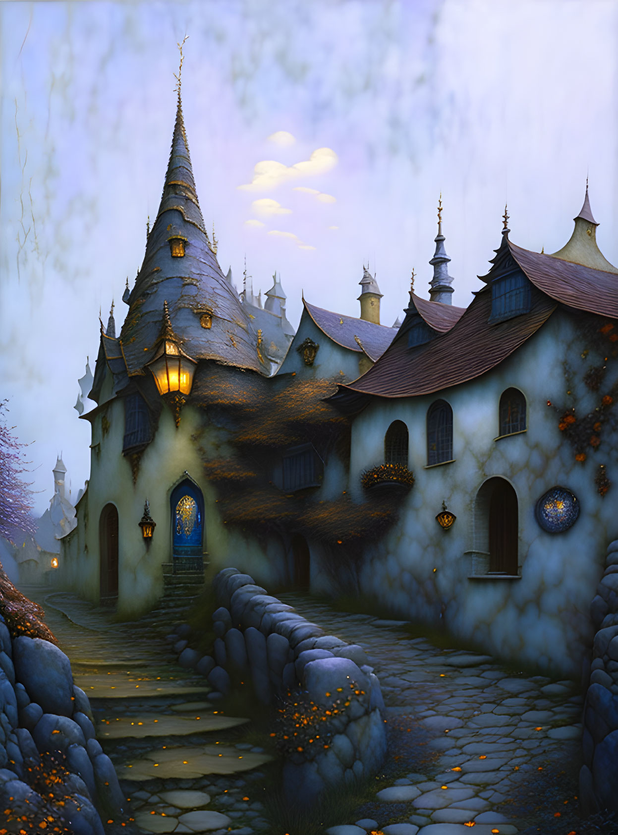 Fantasy cottage with twisted spires and glowing windows in twilight landscape